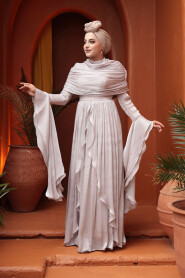 Modest Evening Dress - Ruffle Detailed Stone Modest Evening Dress 53981TAS - 2