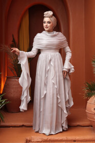 Modest Evening Dress - Ruffle Detailed Stone Modest Evening Dress 53981TAS - 4