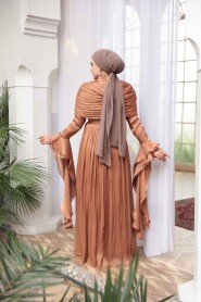Modest Evening Dress - Ruffle Detailed Tan Modest Evening Dress 53981TB - 4