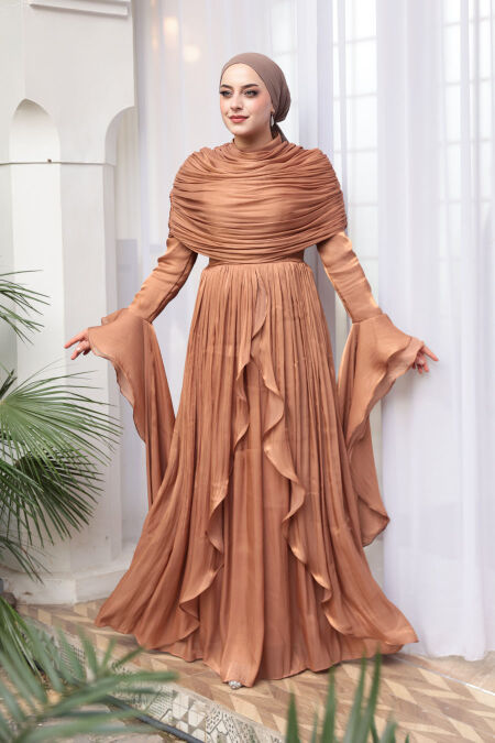 Modest Evening Dress - Ruffle Detailed Tan Modest Evening Dress 53981TB - NEVA STYLE