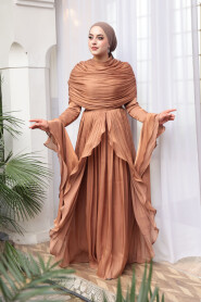 Modest Evening Dress - Ruffle Detailed Tan Modest Evening Dress 53981TB - 2