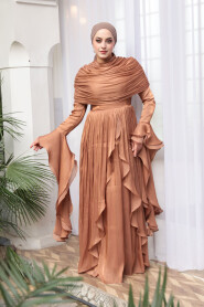 Modest Evening Dress - Ruffle Detailed Tan Modest Evening Dress 53981TB - 3