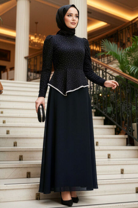 Modest Evening Dress - Glitter Detail Dark Navy Modest Evening Dress 4824KL - 