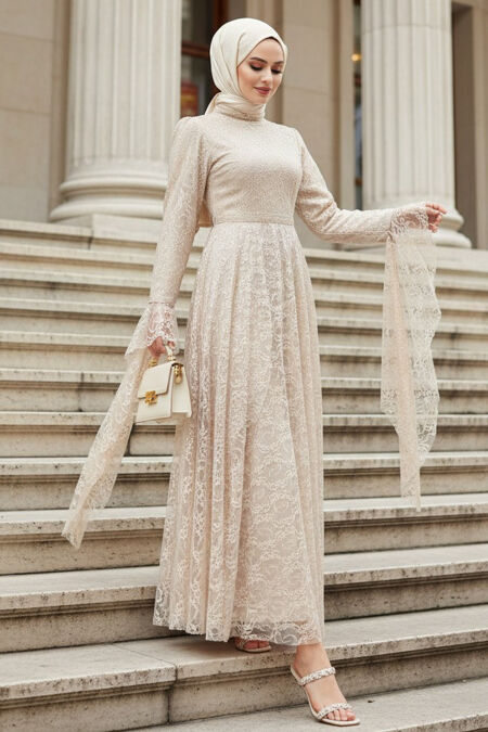 Modest Evening Dress - Lace Detail Beige Modest Evening Dress 6294BEJ - 