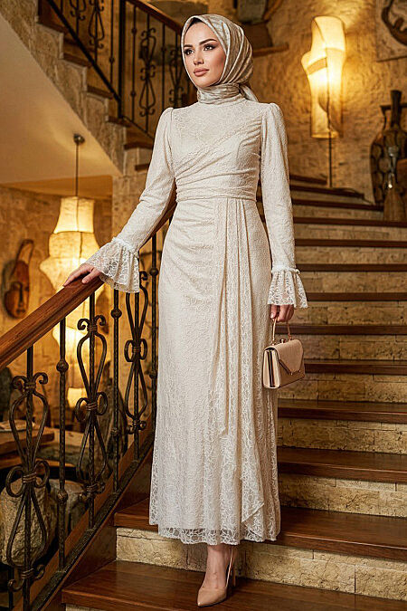 Modest Evening Dress - Lace Detail Beige Modest Evening Dress 9279BEJ - 
