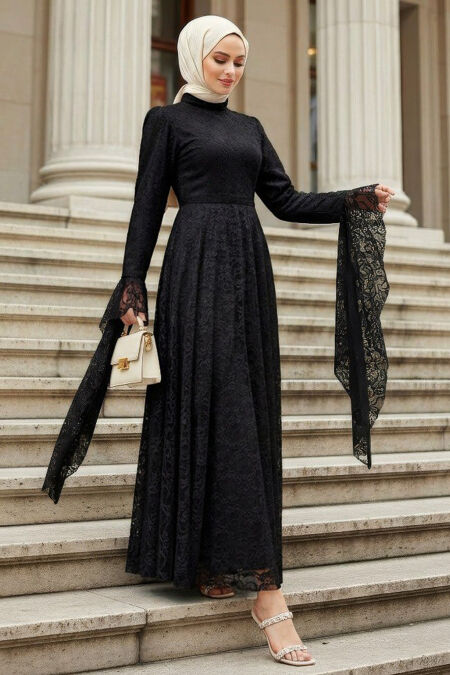 Modest Evening Dress - Lace Detail Black Modest Evening Dress 6294S - 