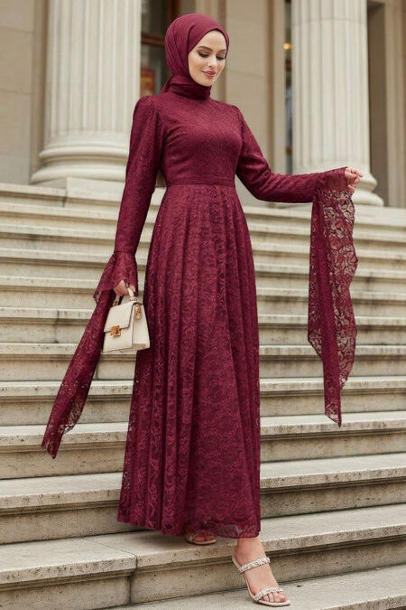 Modest Evening Dress - Lace Detail Burgundy Modest Evening Dress 6294BR - 