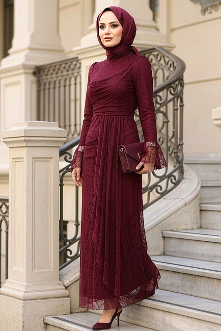 Modest Evening Dress - Lace Detail Burgundy Modest Evening Dress 9279BR - 