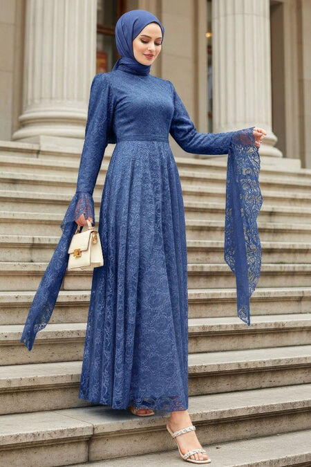 Modest Evening Dress - Lace Detail Indigo Blue Modest Evening Dress 6294IM - 