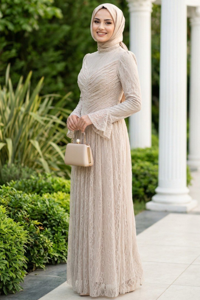 Modest Evening Dress - Lace Detailed Beige Modest Evening Dress 56561BEJ - 