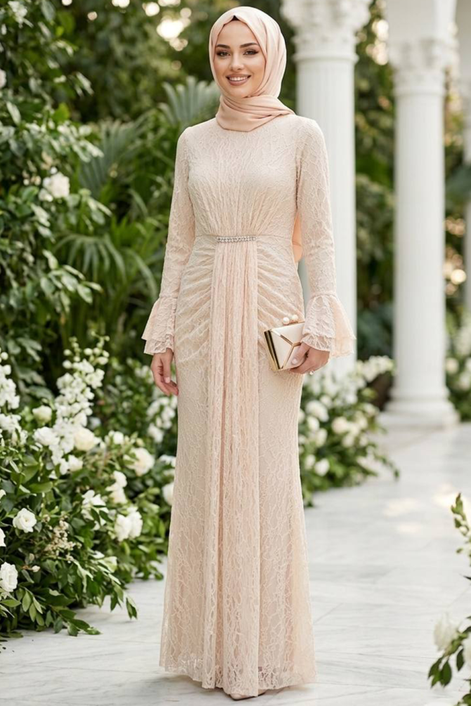Modest Evening Dress - Lace Detailed Beige Modest Evening Dress 56621BEJ - 