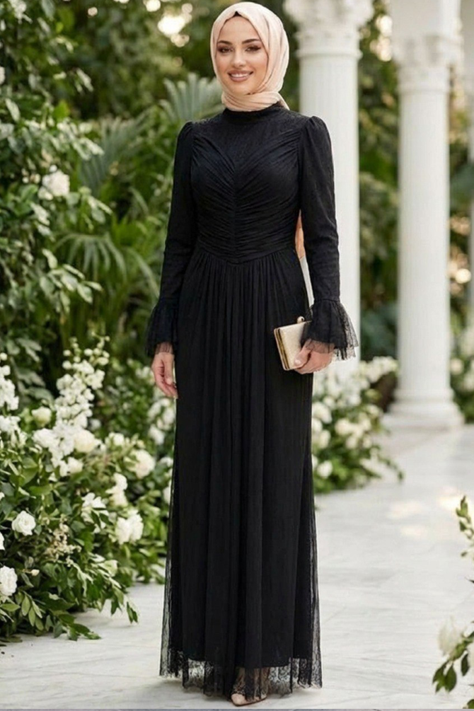 Modest Evening Dress - Lace Detailed Black Modest Evening Dress 56561S - 