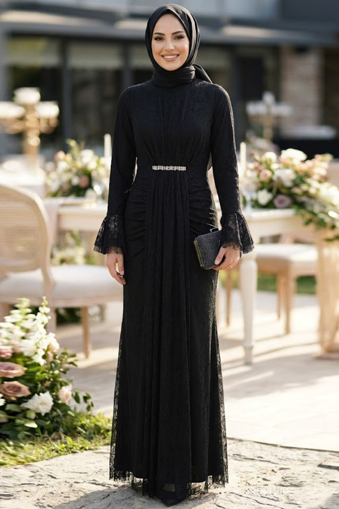 Modest Evening Dress - Lace Detailed Black Modest Evening Dress 56621S - 