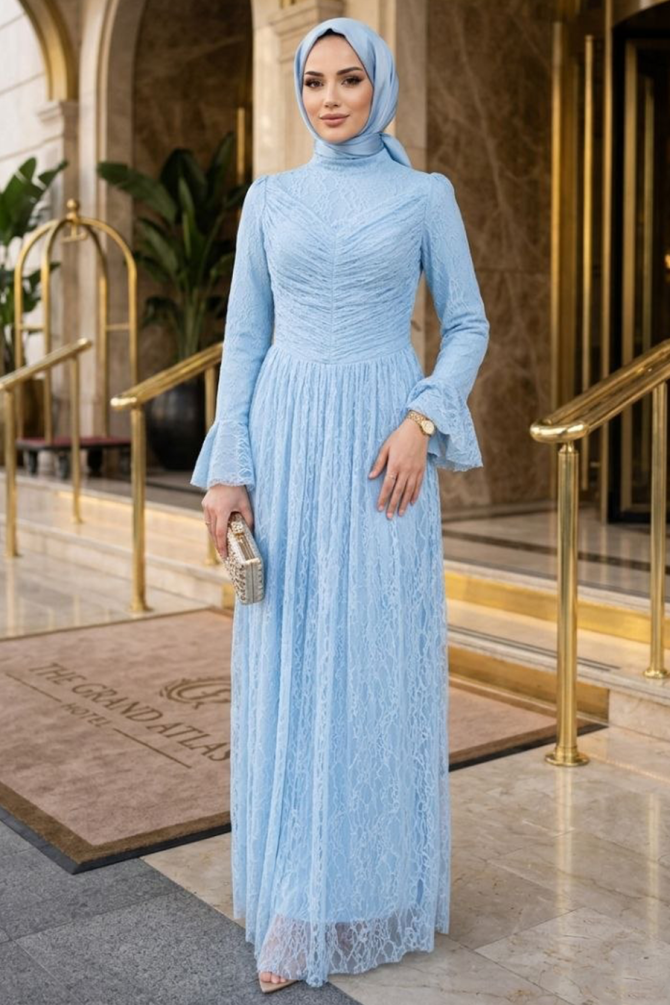 Modest Evening Dress - Lace Detailed Blue Modest Evening Dress 56561M - 