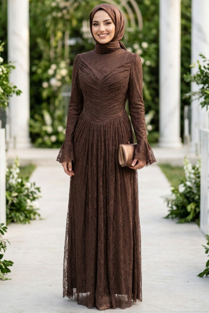 Modest Evening Dress - Lace Detailed Brown Modest Evening Dress 56561KH - 