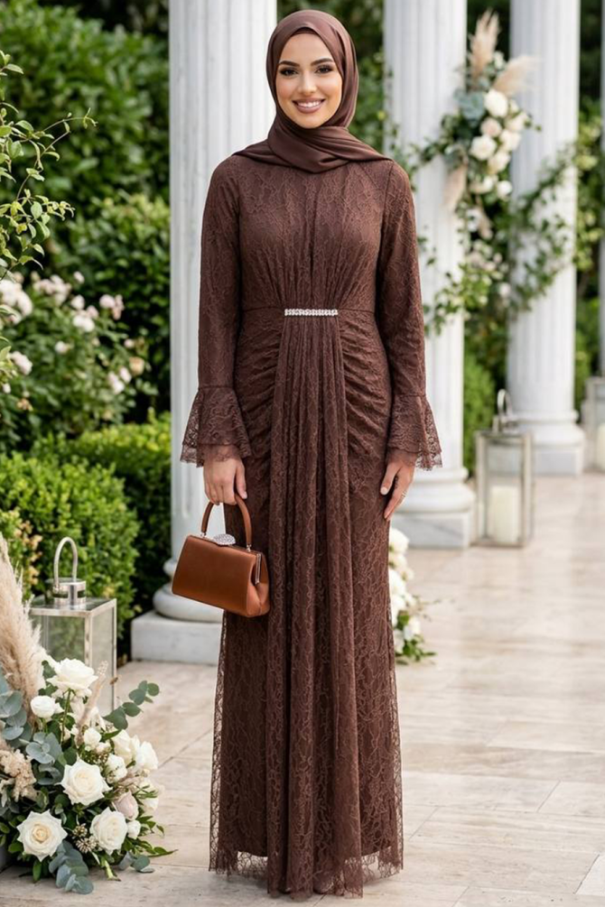 Modest Evening Dress - Lace Detailed Brown Modest Evening Dress 56621KH - 