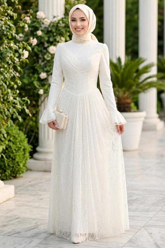 Modest Evening Dress - Lace Detailed Cream Modest Evening Dress 56561KR - 