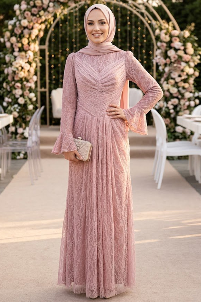 Modest Evening Dress - Lace Detailed Dusty Rose Modest Evening Dress 56561GK - 