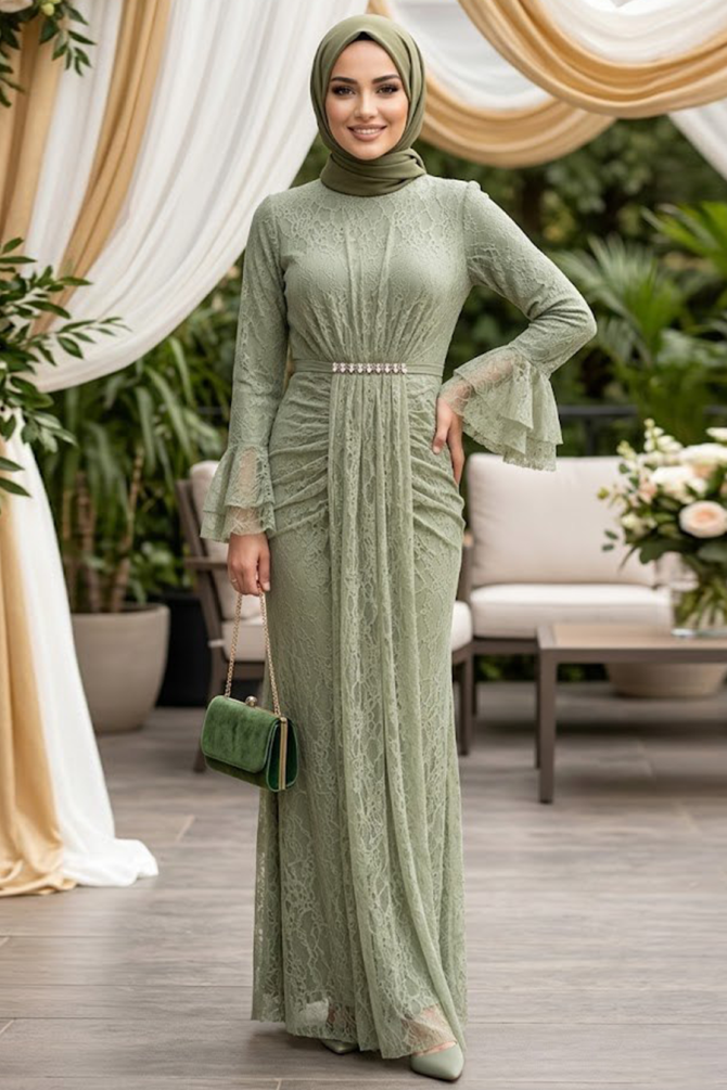 Modest Evening Dress - Lace Detailed Mint Modest Evening Dress 56621MINT - 