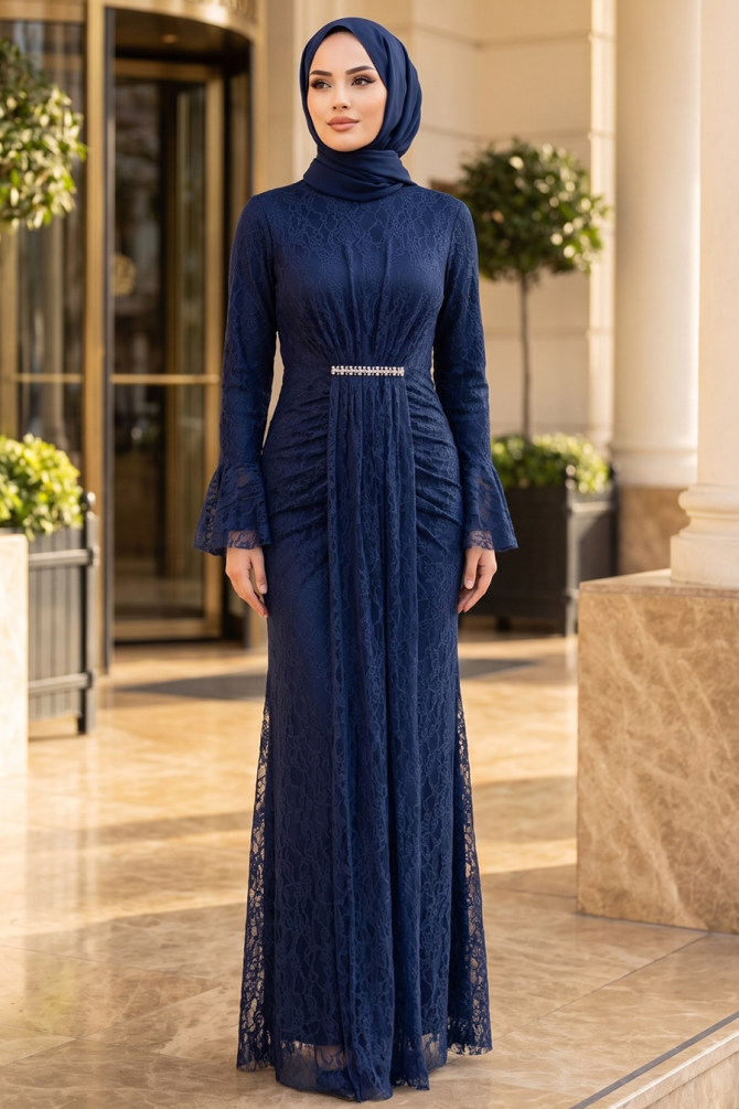 Modest Evening Dress - Lace Detailed Navy Blue Modest Evening Dress 56621L - 