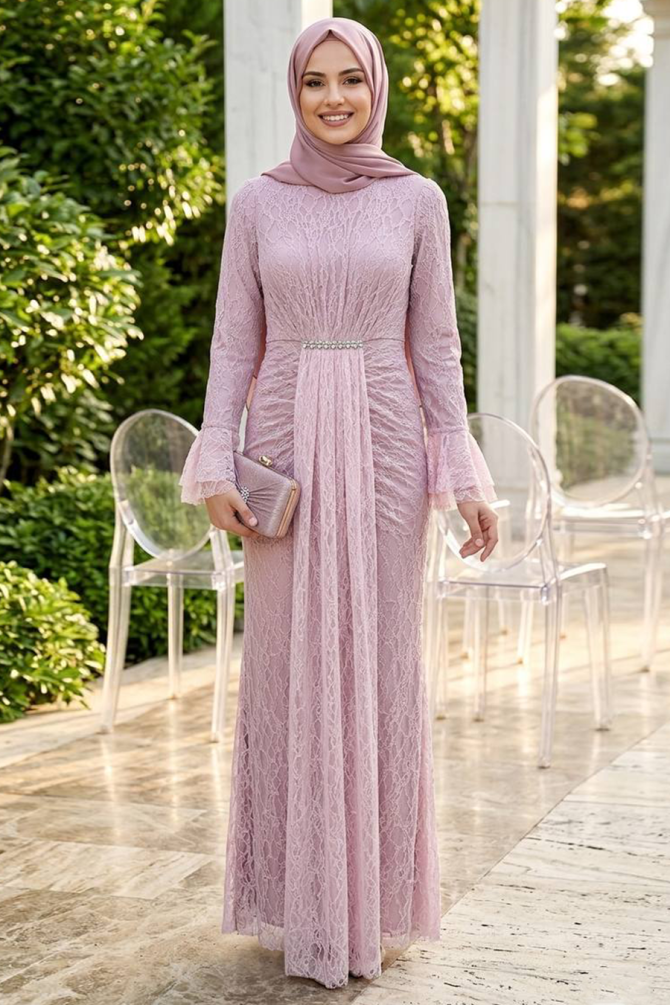 Modest Evening Dress - Lace Detailed Pink Modest Evening Dress 56621P - 