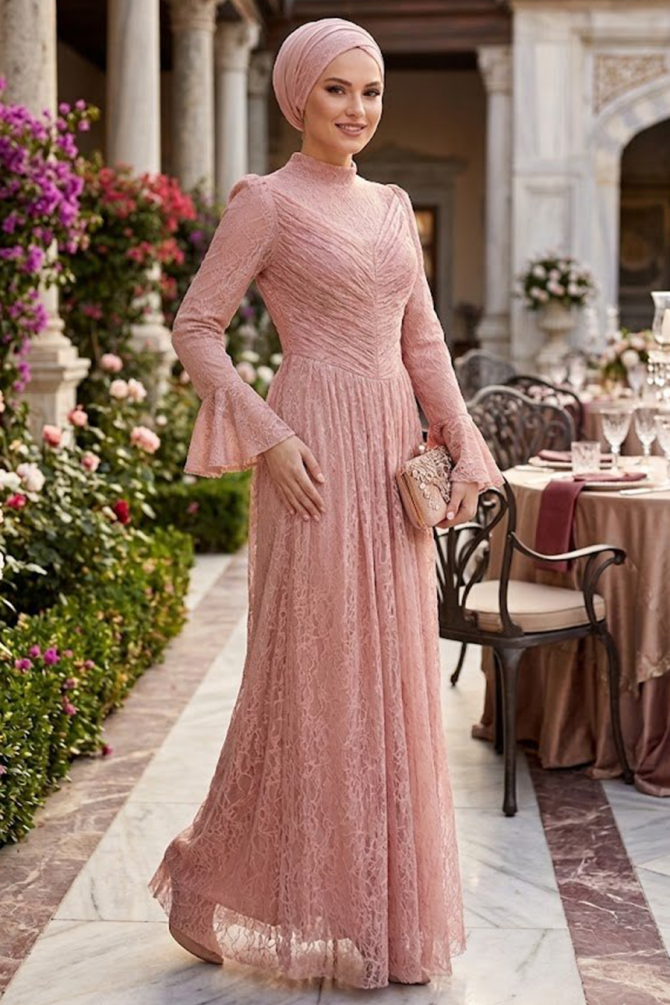 Modest Evening Dress - Lace Detailed Salmon Modest Evening Dress 56561SMN - 