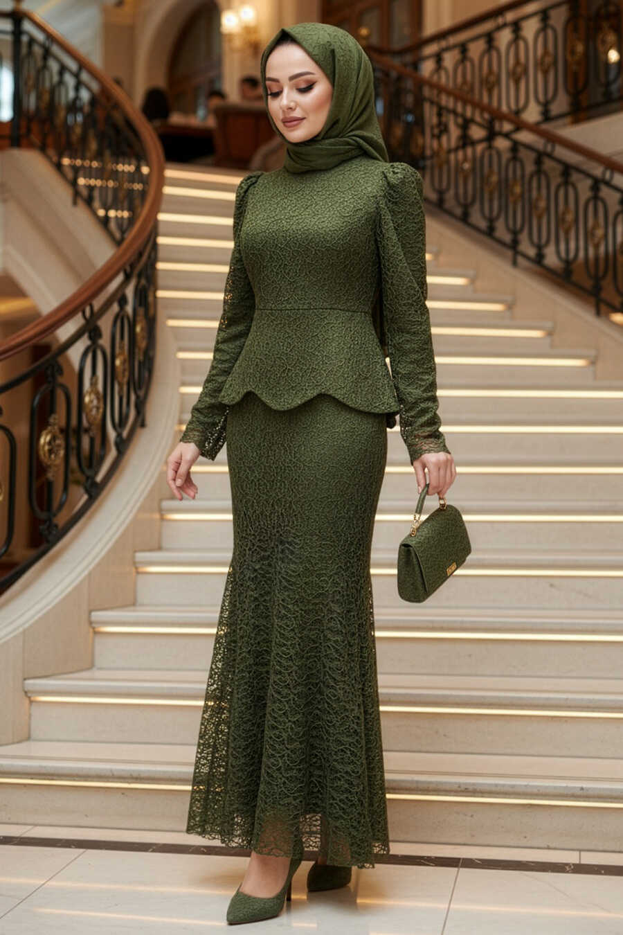 Lace Khaki Modest Evening Dress 55521HK - Neva-style.com