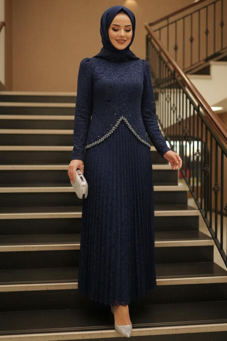 Modest Evening Dress - Lace Navy Blue Modest Evening Dress 55591L - 