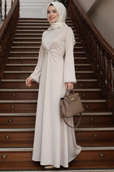 Modest Evening Dress - Lace Neck Beige Modest Evening Dress 62412BEJ - 