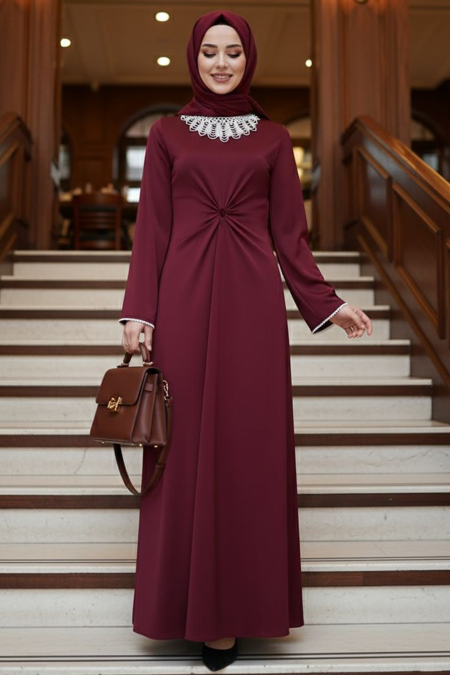 Modest Evening Dress - Lace Neck Claret Red Modest Evening Dress 62412BR - 