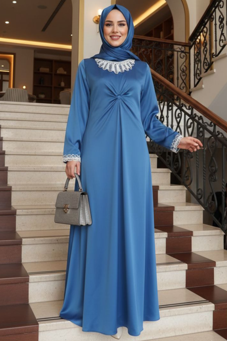 Modest Evening Dress - Lace Neck Indigo Blue Modest Evening Dress 62412IM - 