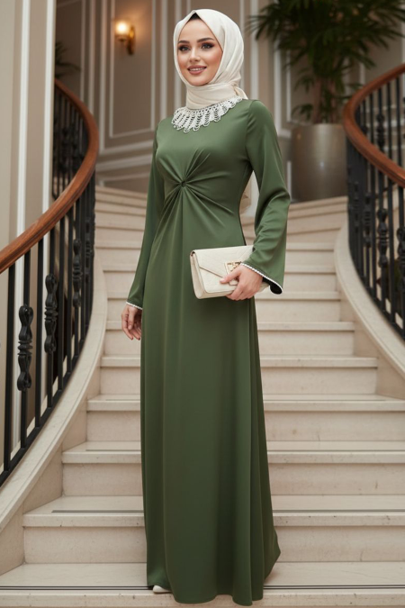 Modest Evening Dress - Lace Neck Khaki Modest Evening Dress 62412HK - 