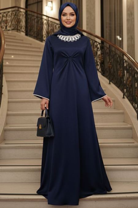 Modest Evening Dress - Lace Neck Navy Blue Modest Evening Dress 62412L - 