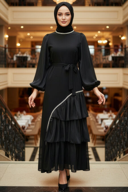 Modest Evening Dress - Layered Flounce Detailed Black Modest Evening Dress 4793S - 