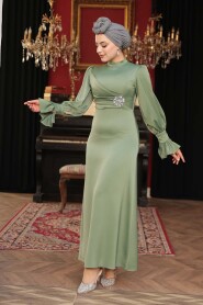 Modest Evening Dress - Light Khaki Satin Modest Evening Dress 62301AHK - 1