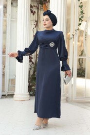 Modest Evening Dress - Navy Satin Modest Evening Dress 62301L - 1