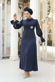 Modest Evening Dress - Navy Satin Modest Evening Dress 62301L - 2