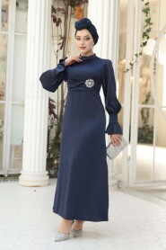 Modest Evening Dress - Navy Satin Modest Evening Dress 62301L - 3