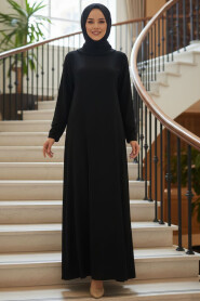 Modest Evening Dress - Pearl Detailed Black Modest Evening Dress 61981S - 1