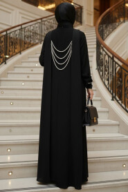 Modest Evening Dress - Pearl Detailed Black Modest Evening Dress 61981S - 2