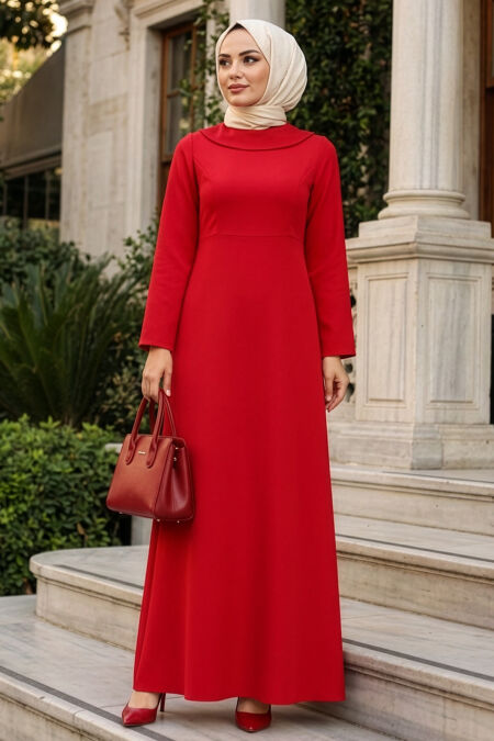 Modest Evening Dress - Pearl Detailed Red Modest Evening Dress 61981K - 