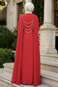 Modest Evening Dress - Pearl Detailed Red Modest Evening Dress 61981K - 2