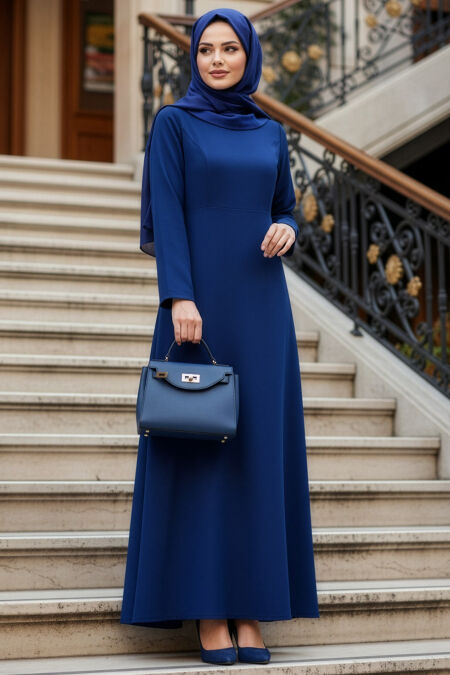 Modest Evening Dress - Pearl Detailed Sax Blue Modest Evening Dress 61981SX - 