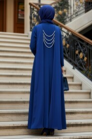 Modest Evening Dress - Pearl Detailed Sax Blue Modest Evening Dress 61981SX - 2