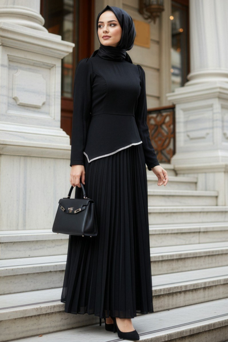 Modest Evening Dress - Pleated Black Modest Evening Dress 47701S - 