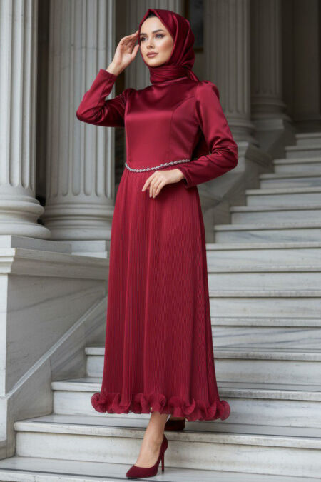 Modest Evening Dress - Pleated Burgundy Modest Evening Dress 6281BR - 
