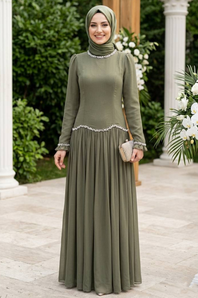 Modest Evening Dress - Pleated Detail Almond Green Modest Evening Dress 55212CY - 