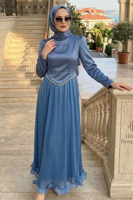 Modest Evening Dress - Pleated Indigo Blue Modest Evening Dress 6281IM - 