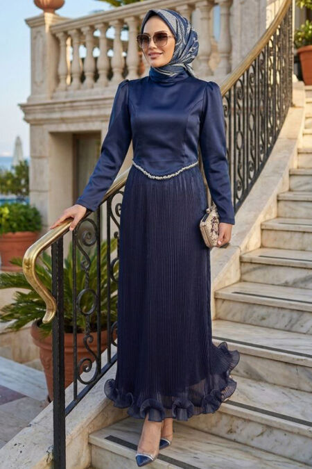 Modest Evening Dress - Pleated Navy Blue Modest Evening Dress 6281L - 