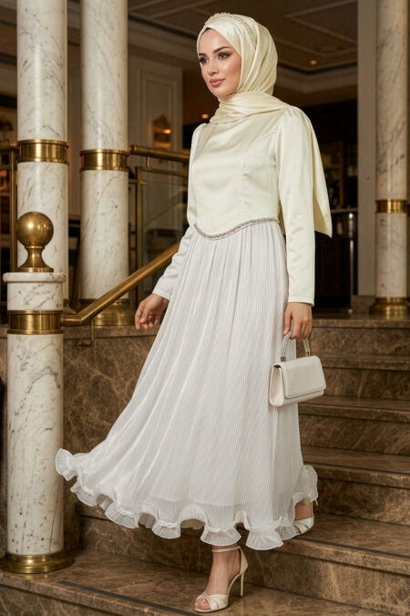 Modest Evening Dress - Pleated White Modest Evening Dress 6281B - 